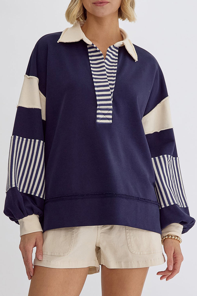 Street Stripe Patchwork Contrast Turndown Collar Hoodies(8 Colors)