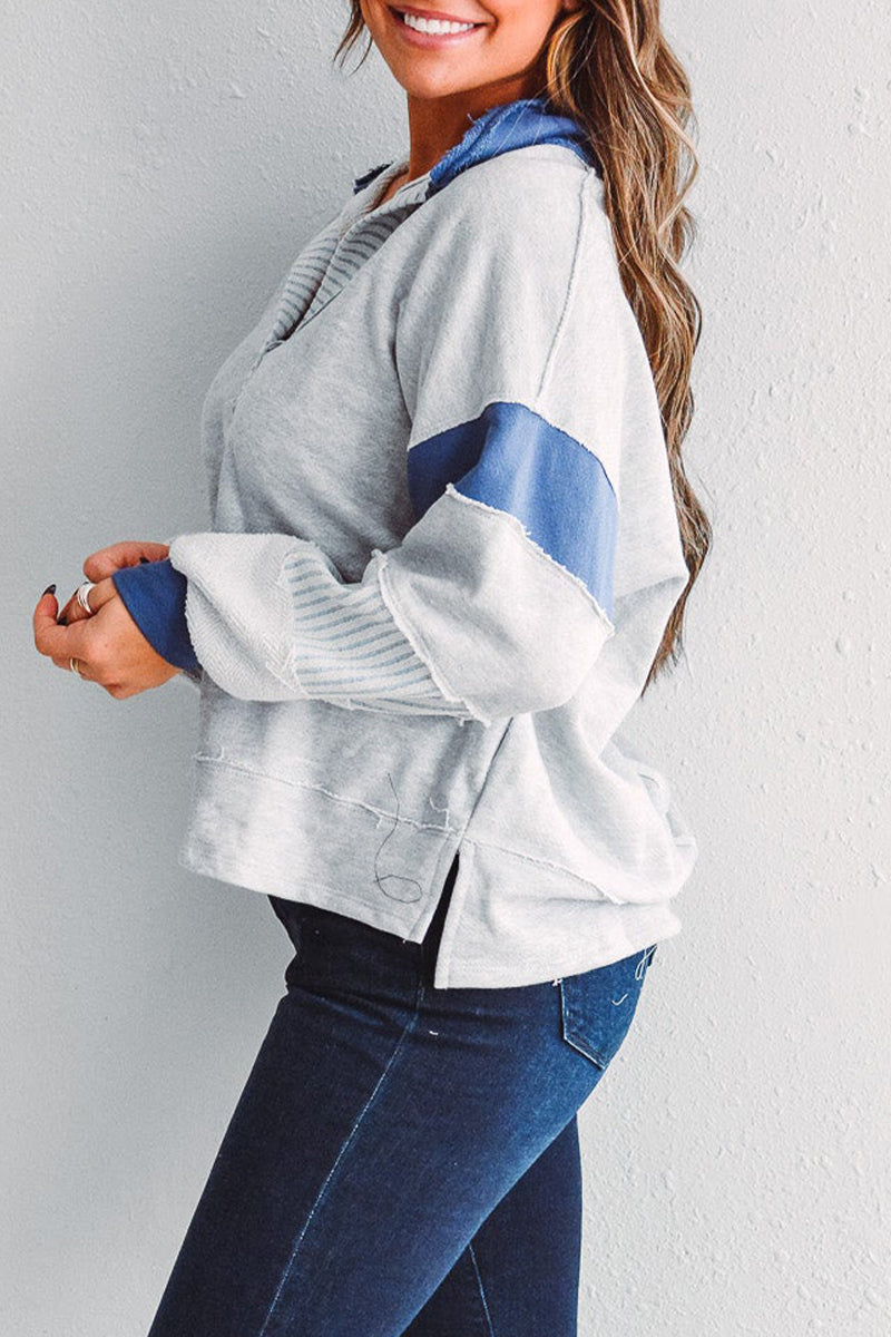 Street Stripe Patchwork Contrast Turndown Collar Hoodies(8 Colors)