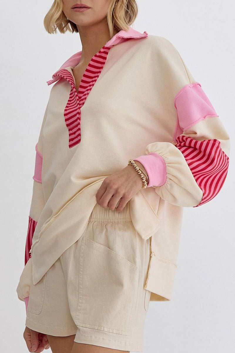 Street Stripe Patchwork Contrast Turndown Collar Hoodies(8 Colors)