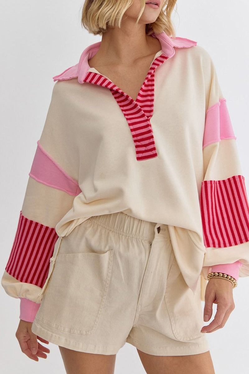Street Stripe Patchwork Contrast Turndown Collar Hoodies(8 Colors)
