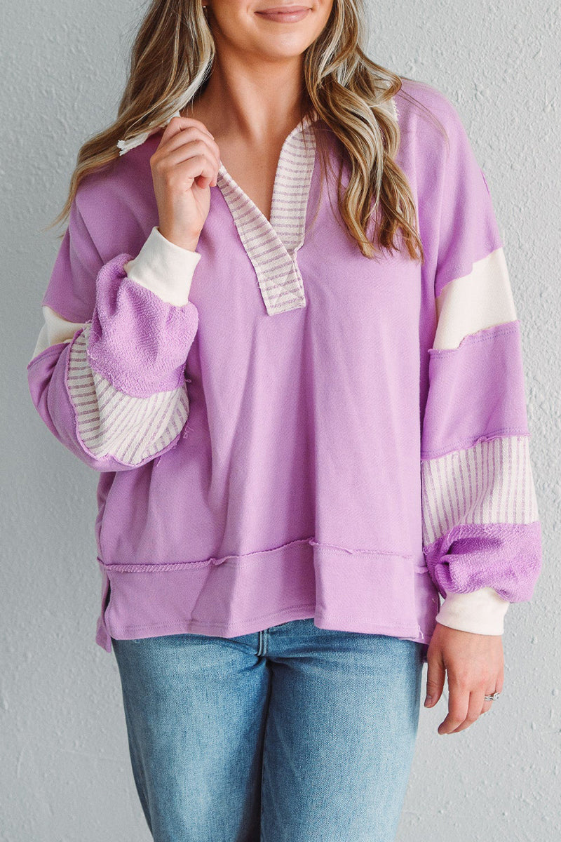 Street Stripe Patchwork Contrast Turndown Collar Hoodies(8 Colors)