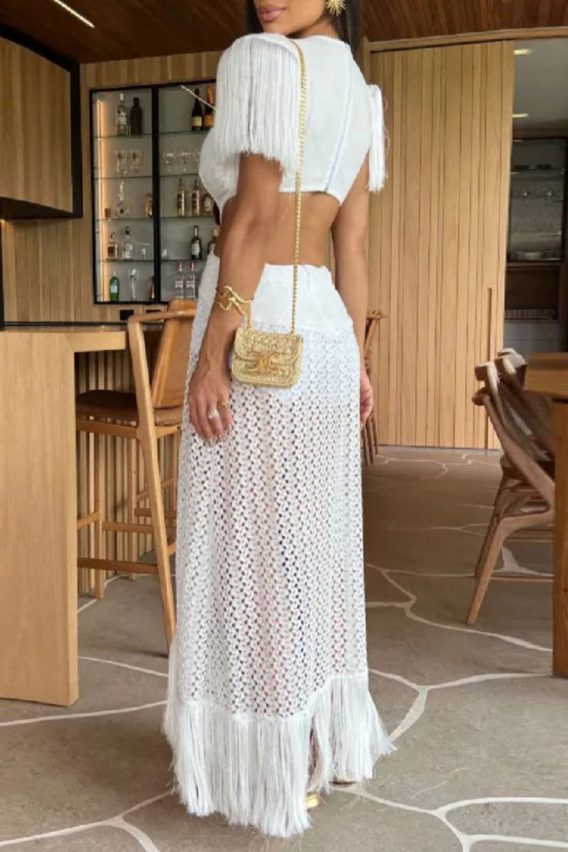 Vacation Color Fringed Trim Hollow Out Deep V Neck Long Dresses