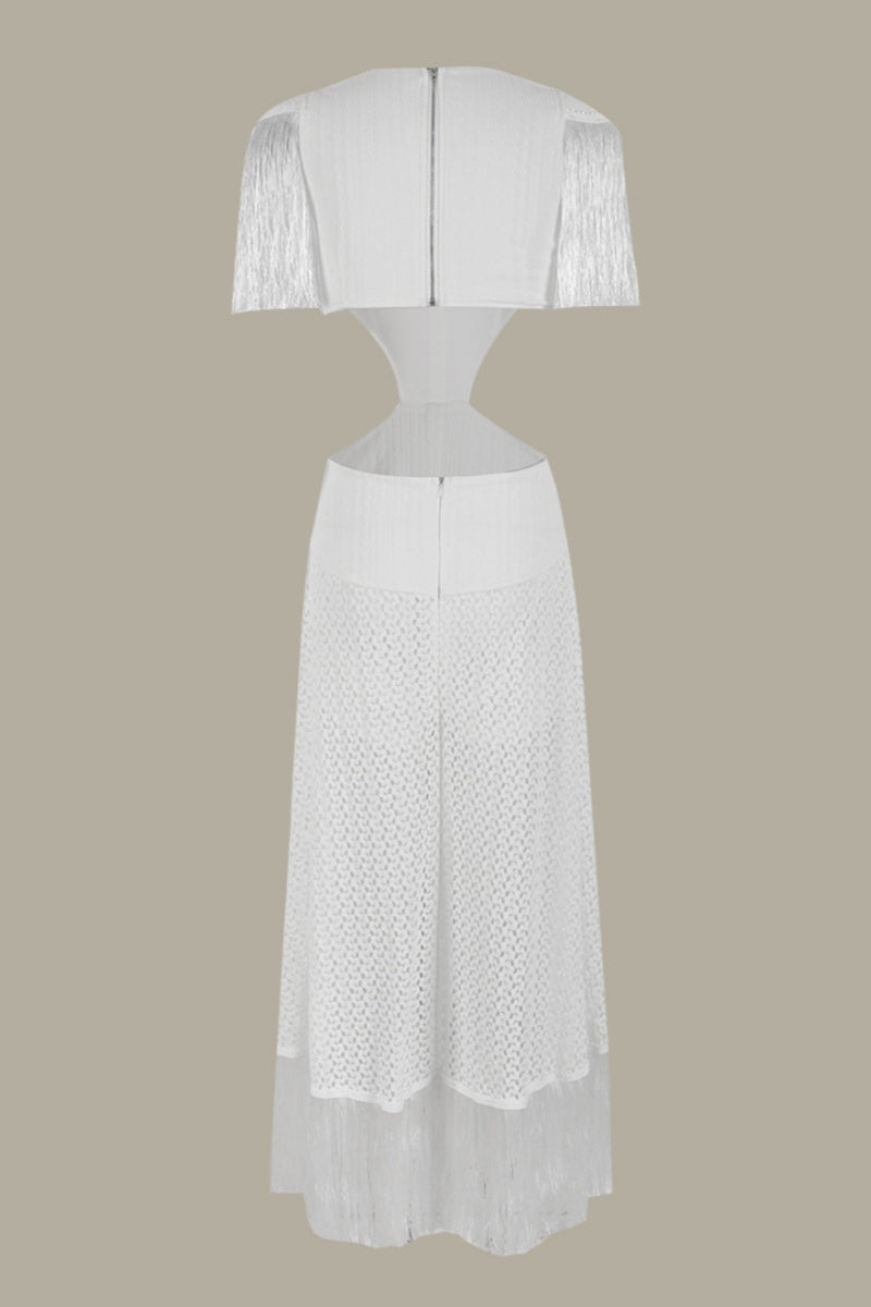 Vacation Color Fringed Trim Hollow Out Deep V Neck Long Dresses