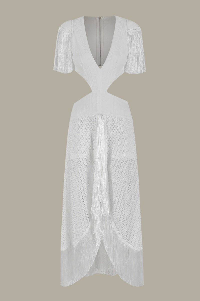 Vacation Color Fringed Trim Hollow Out Deep V Neck Long Dresses
