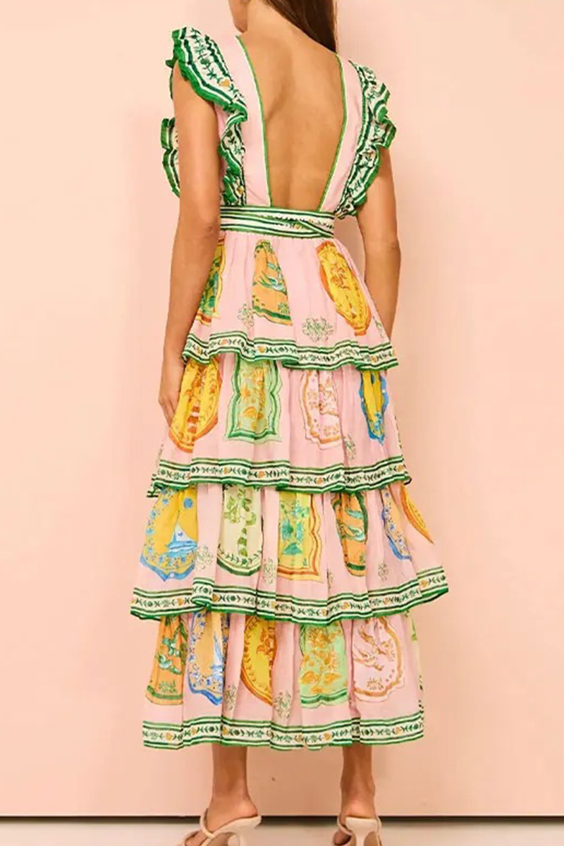 Graffiti Print Lace Up Backless Ruffle O Neck Cake Skirt Dresses