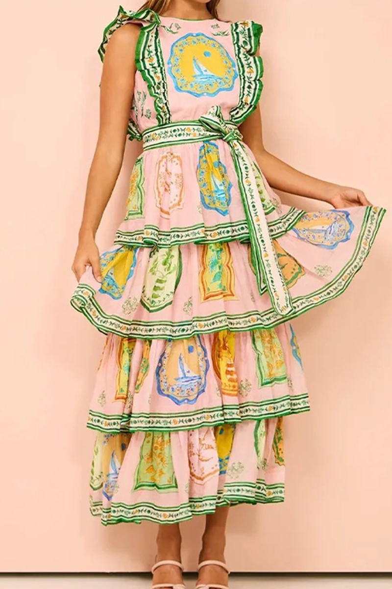 Graffiti Print Lace Up Backless Ruffle O Neck Cake Skirt Dresses
