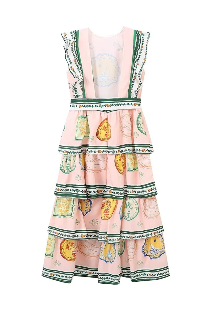 Graffiti Print Lace Up Backless Ruffle O Neck Cake Skirt Dresses