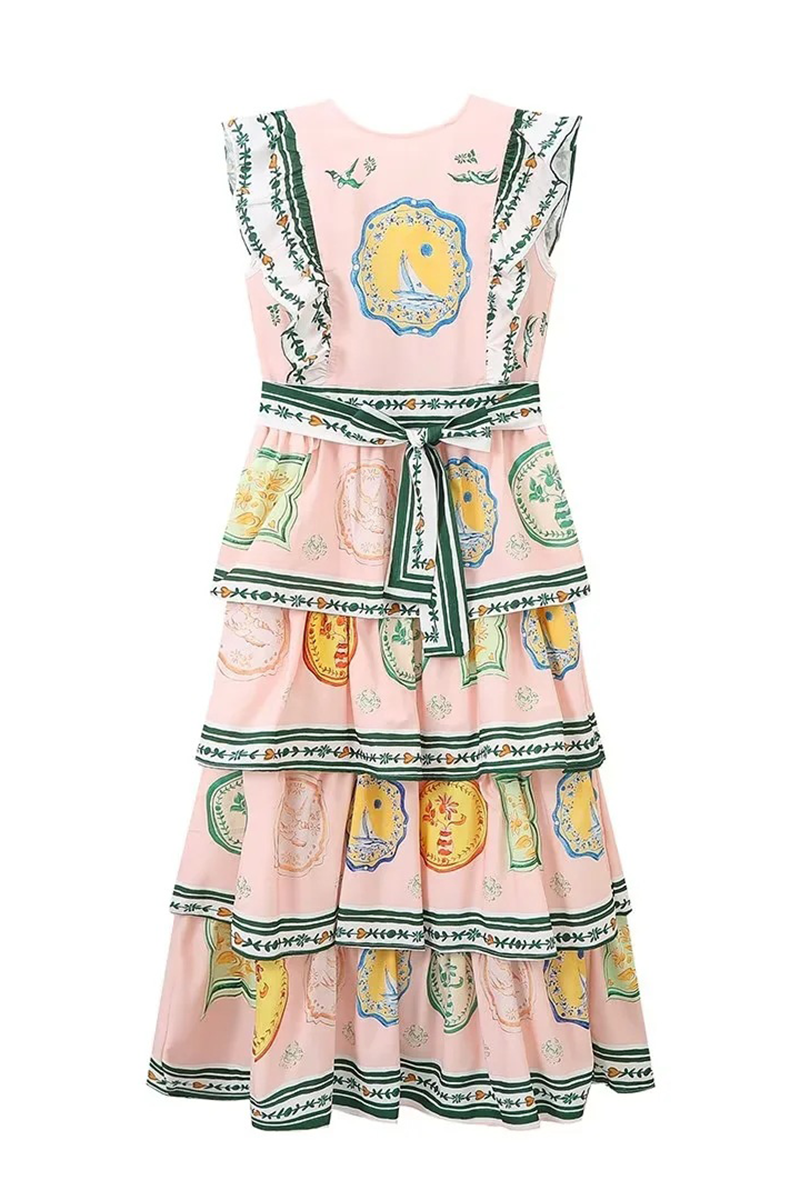 Graffiti Print Lace Up Backless Ruffle O Neck Cake Skirt Dresses