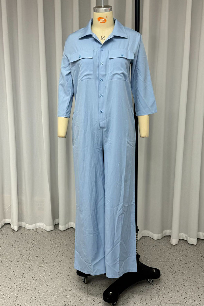 Daily Pocket Turndown Collar Loose Jumpsuits