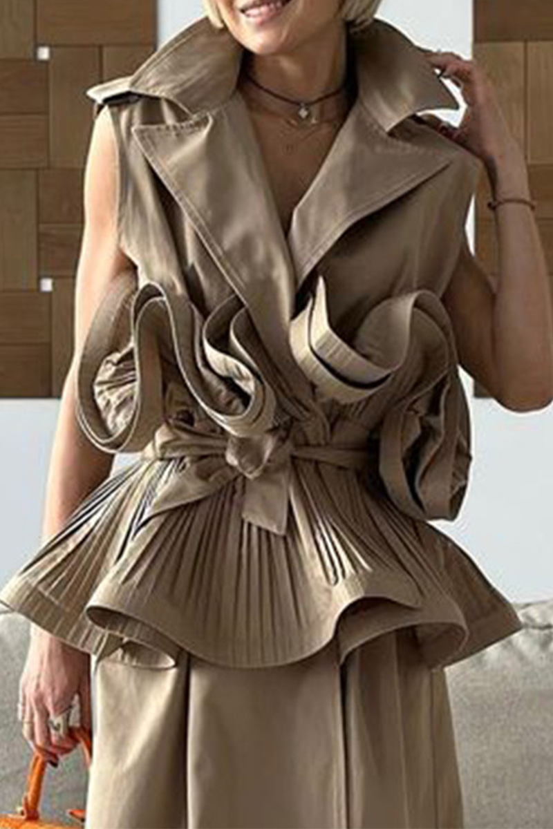 Lace Up Ruffle Turndown Collar Blouses