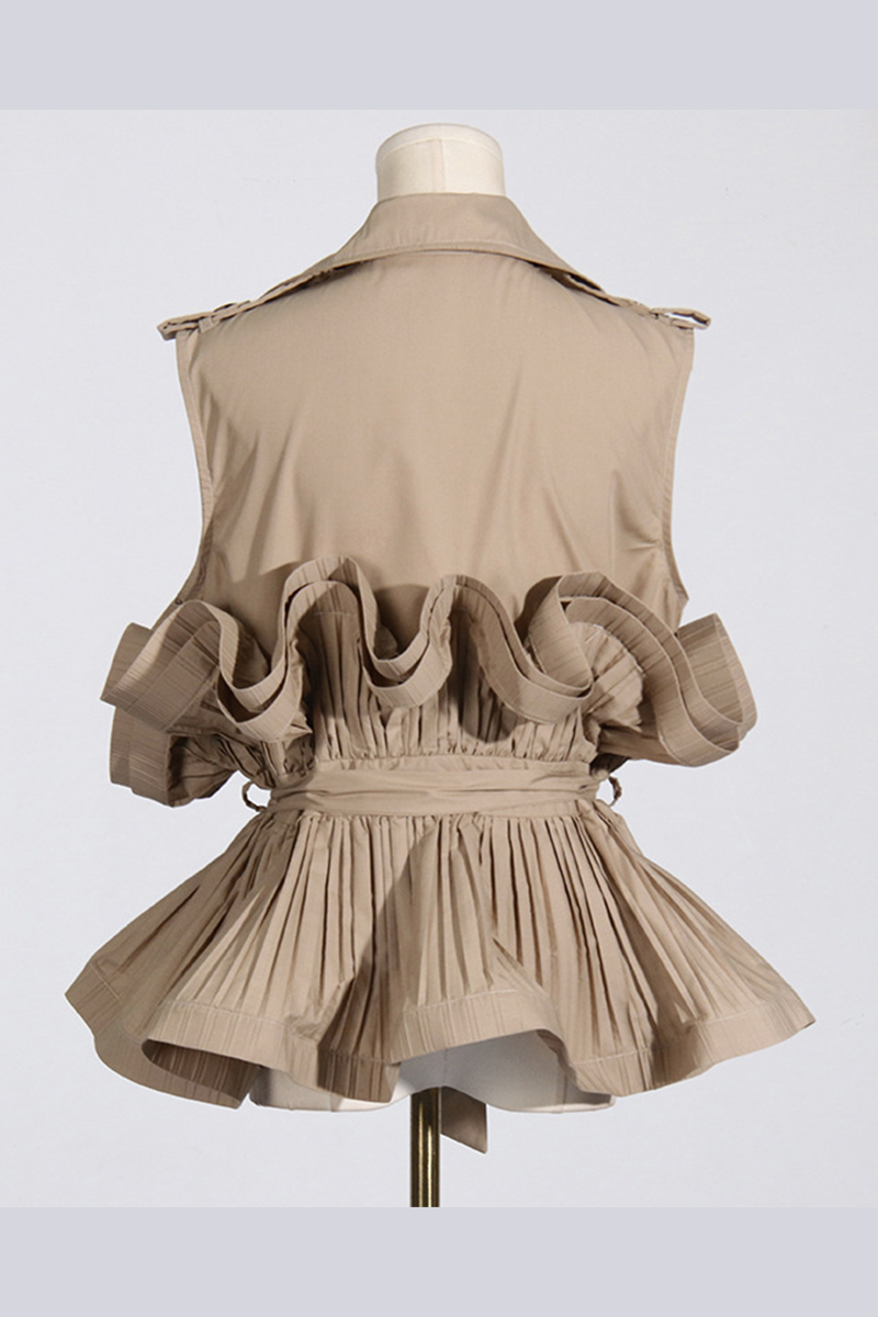 Lace Up Ruffle Turndown Collar Blouses