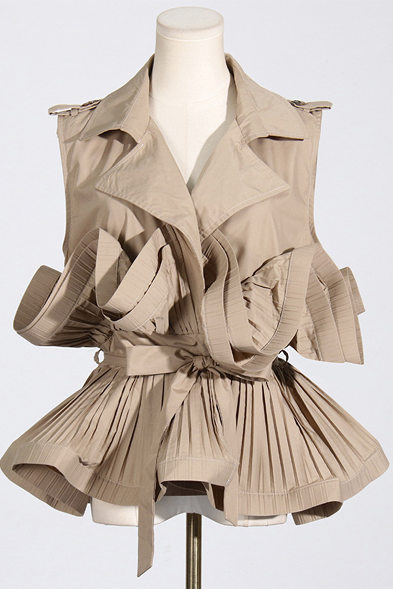 Lace Up Ruffle Turndown Collar Blouses