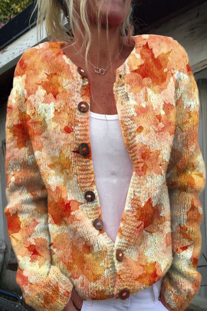 Daily Flowers Printed in Imitation of Sweater Buttons Contrast O Neck Outerwear(8 Colors)