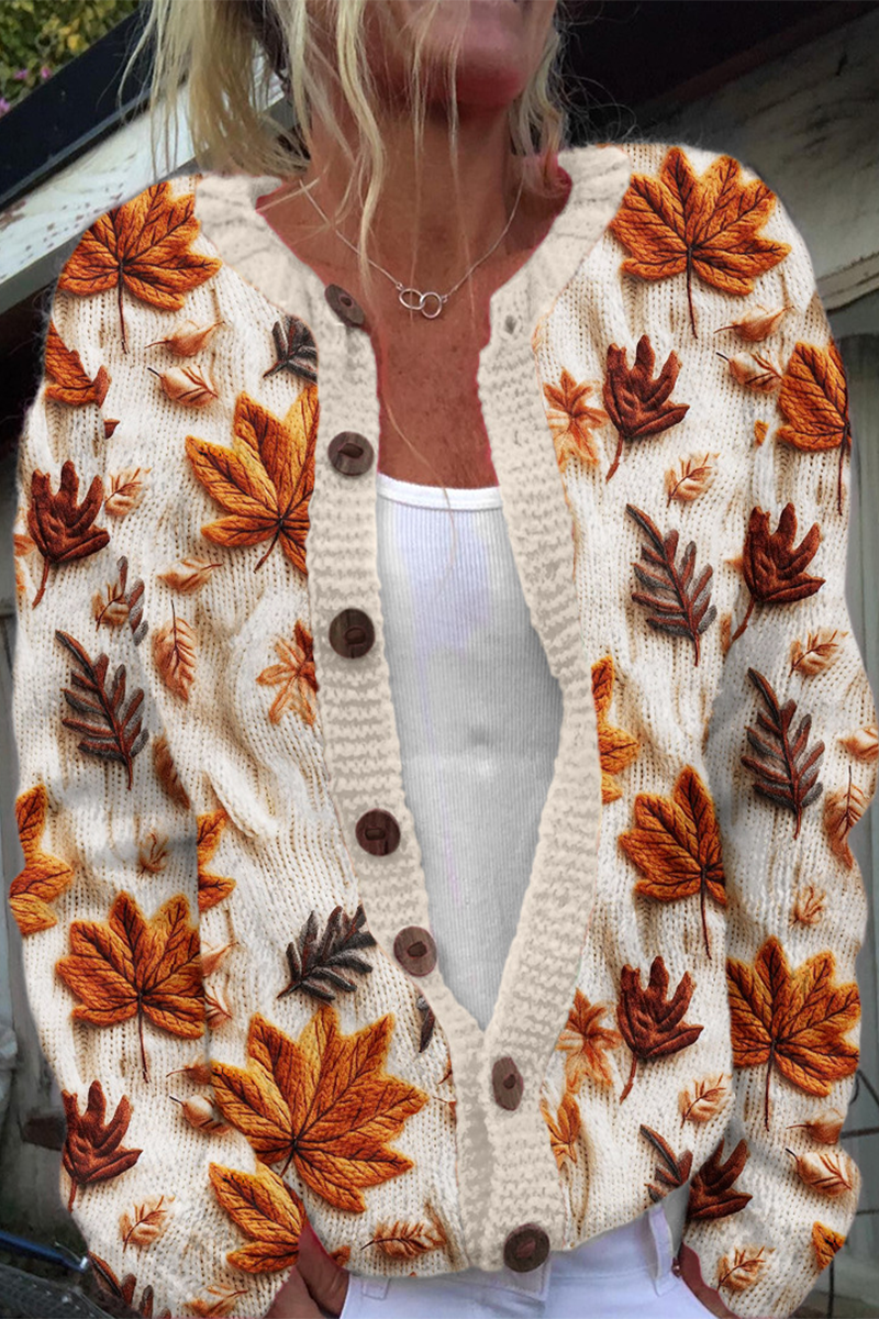 Daily Flowers Printed in Imitation of Sweater Buttons Contrast O Neck Outerwear(8 Colors)