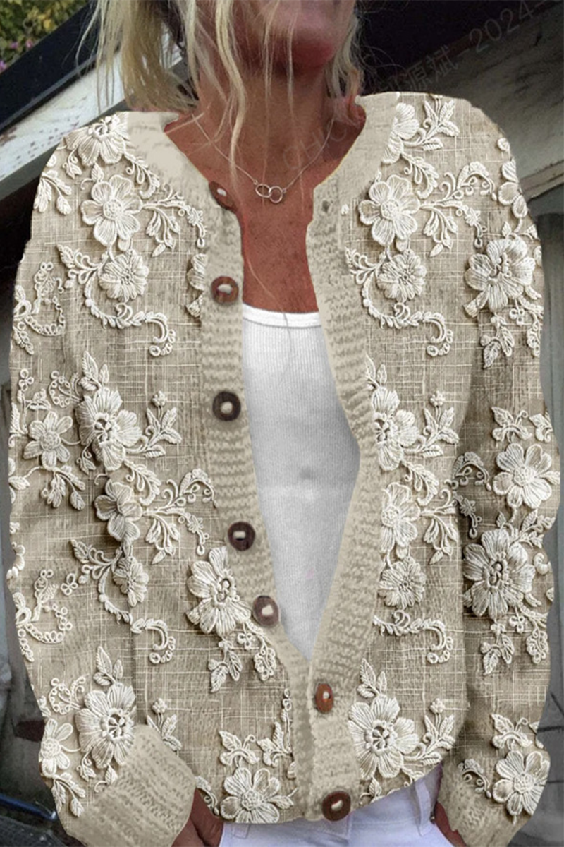 Daily Flowers Printed in Imitation of Sweater Buttons Contrast O Neck Outerwear(8 Colors)