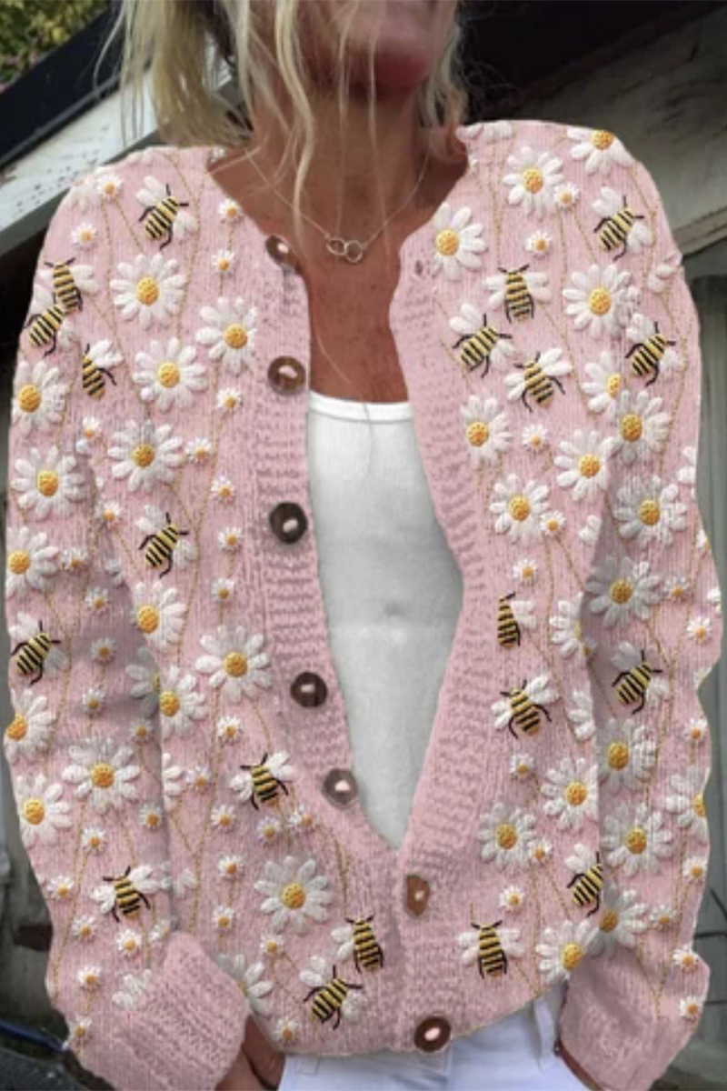 Daily Flowers Printed in Imitation of Sweater Buttons Contrast O Neck Outerwear(8 Colors)