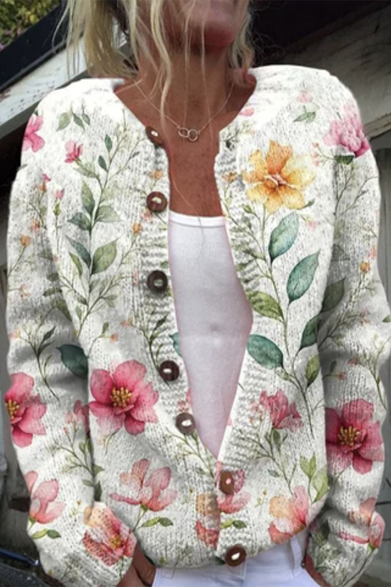 Daily Flowers Printed in Imitation of Sweater Buttons Contrast O Neck Outerwear(8 Colors)