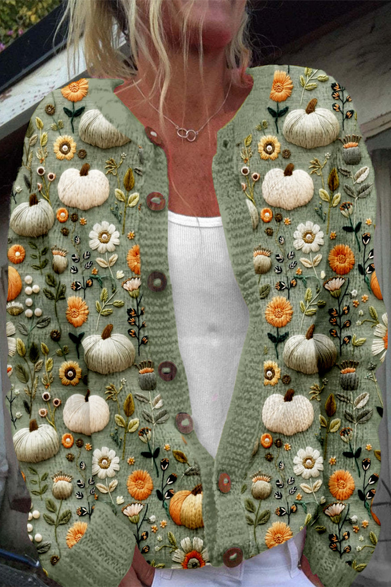 Daily Flowers Printed in Imitation of Sweater Buttons Contrast O Neck Outerwear(8 Colors)
