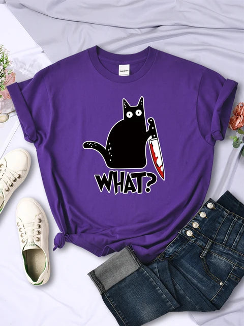 Kitchen Knife Black Cat Wha? Print Female Short Sleeve Breathable T-shirts Summer Cool Tee Clothes Street Hip Hop Tops