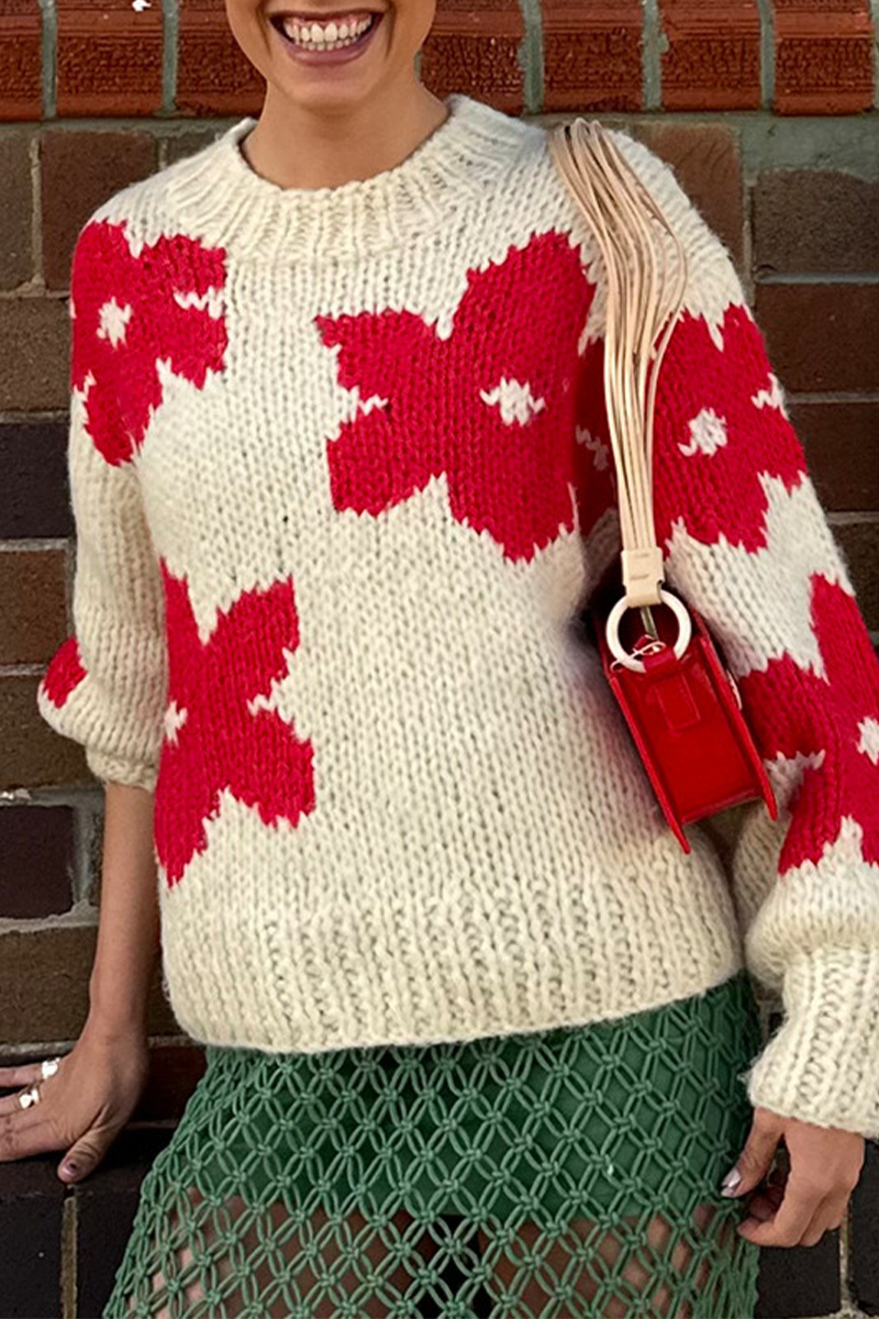 Street Flowers Weave Contrast O Neck Sweaters