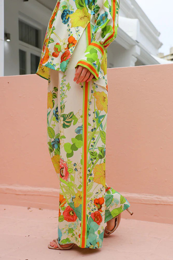 Satin Print Back Elastic Waist Pocketed Wide Leg Pants