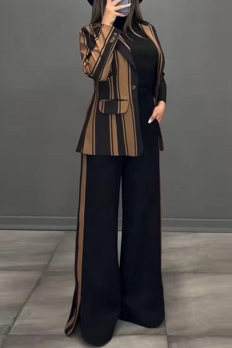 Stripe Slit Pants Turn-back Collar Long Sleeve Two Pieces(3 Colors)