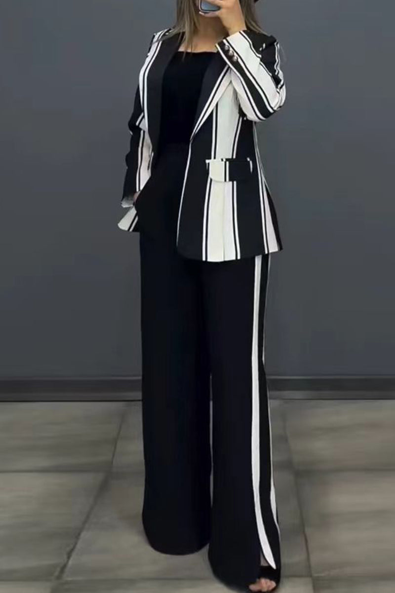 Stripe Slit Pants Turn-back Collar Long Sleeve Two Pieces(3 Colors)