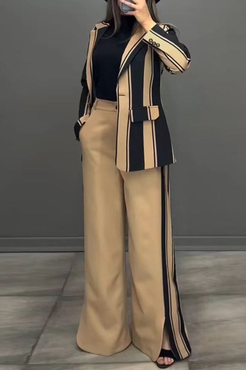 Stripe Slit Pants Turn-back Collar Long Sleeve Two Pieces(3 Colors)