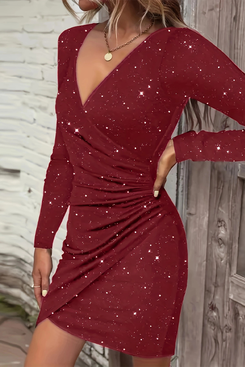 Patchwork Sequined V Neck Wrapped Skirt Dresses