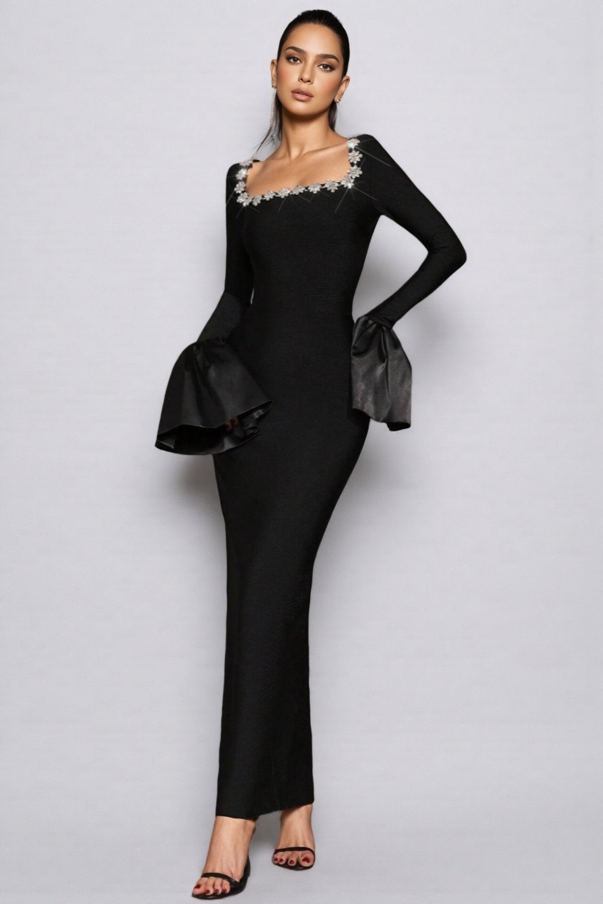 Marcen Studded Flared Sleeve Maxi Dress