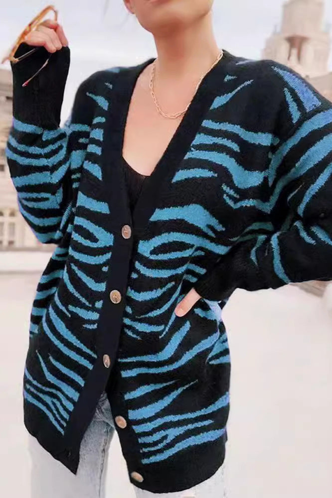 Buttoned Zebra Knit Cardigan