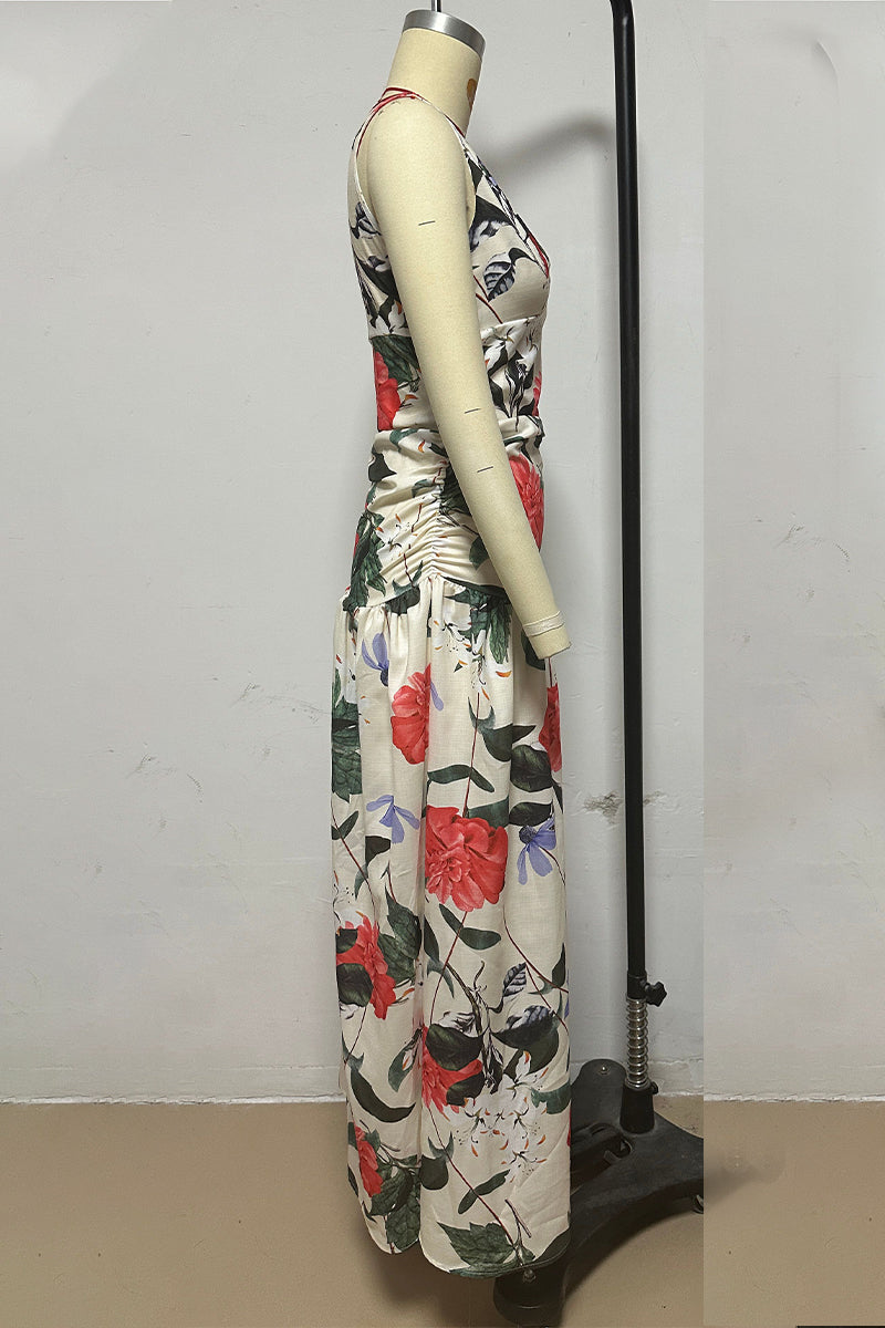 Vacation Print Ruched V Neck Waist Skirt Dresses