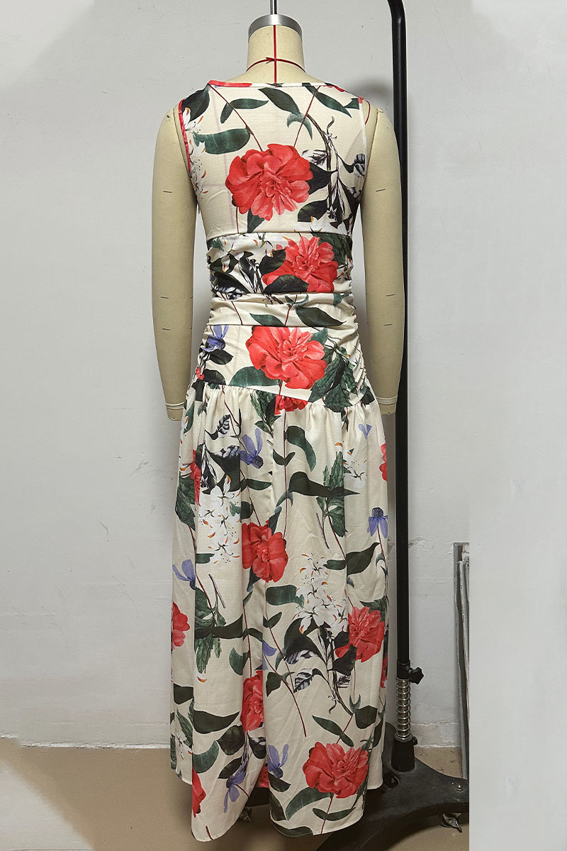 Vacation Print Ruched V Neck Waist Skirt Dresses