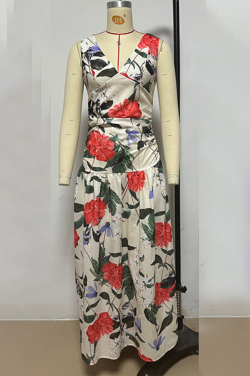 Vacation Print Ruched V Neck Waist Skirt Dresses