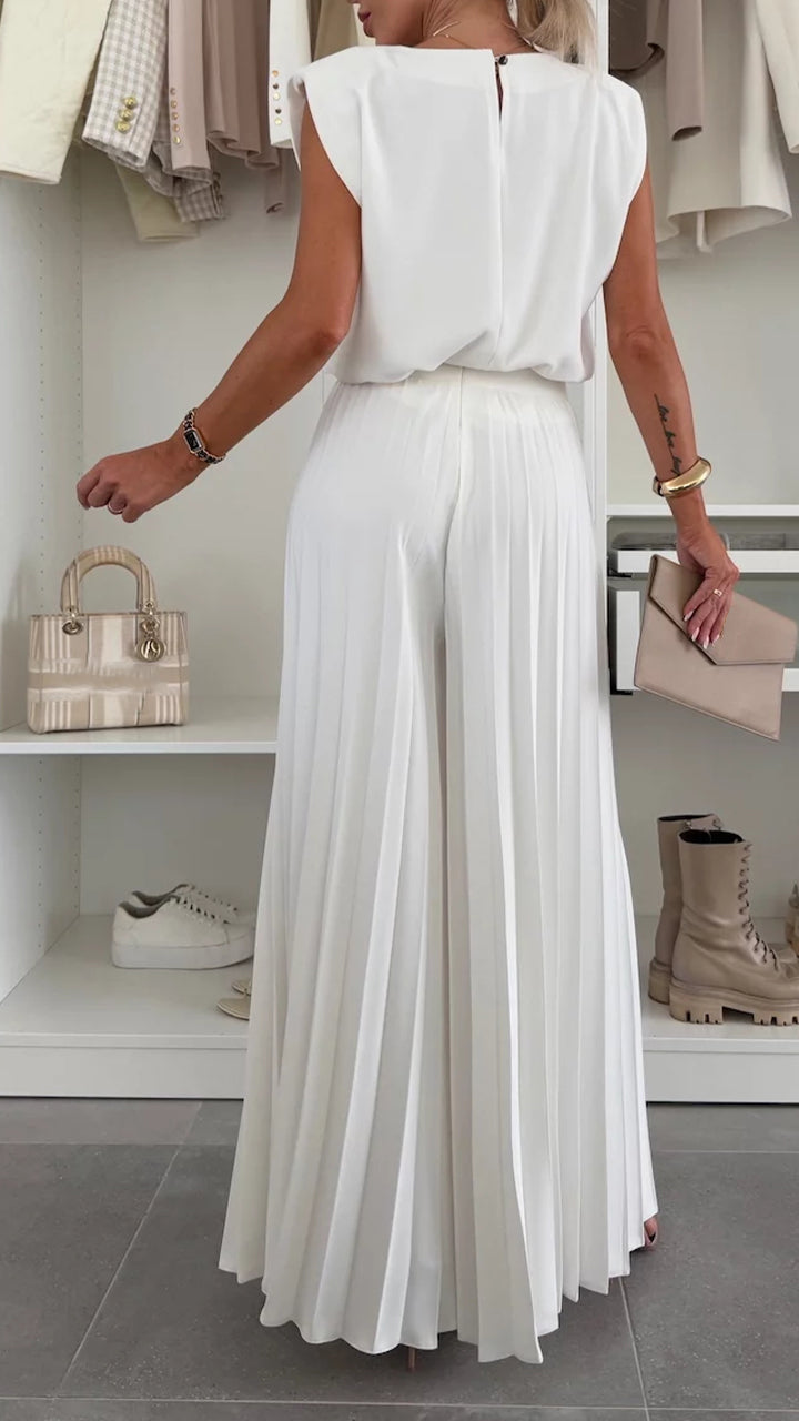 Round Neck Sleeveless Top + Pleated Wide-leg Pants Suit