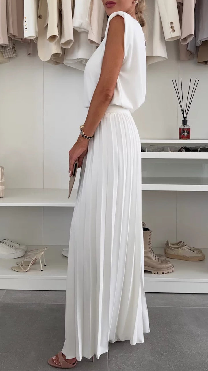 Round Neck Sleeveless Top + Pleated Wide-leg Pants Suit