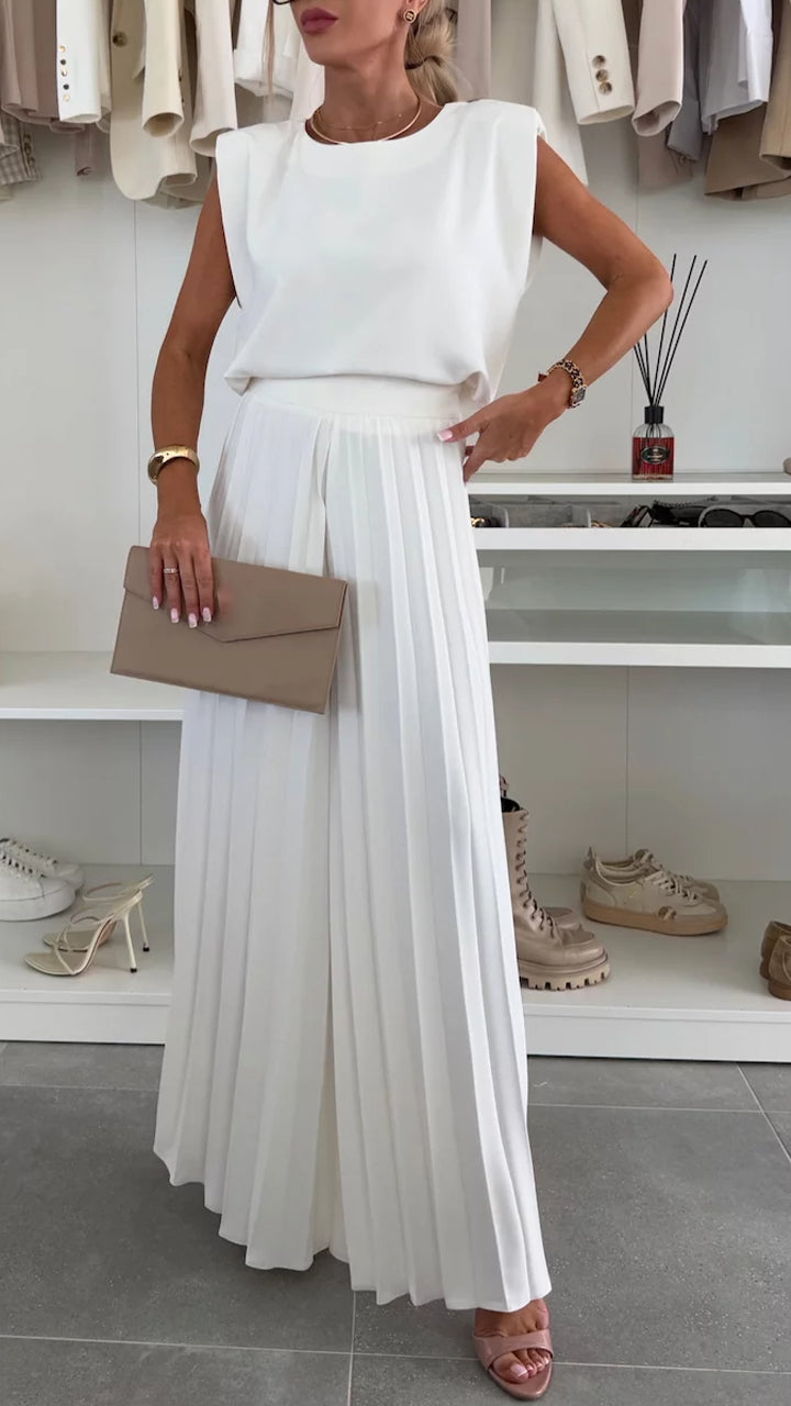 Round Neck Sleeveless Top + Pleated Wide-leg Pants Suit
