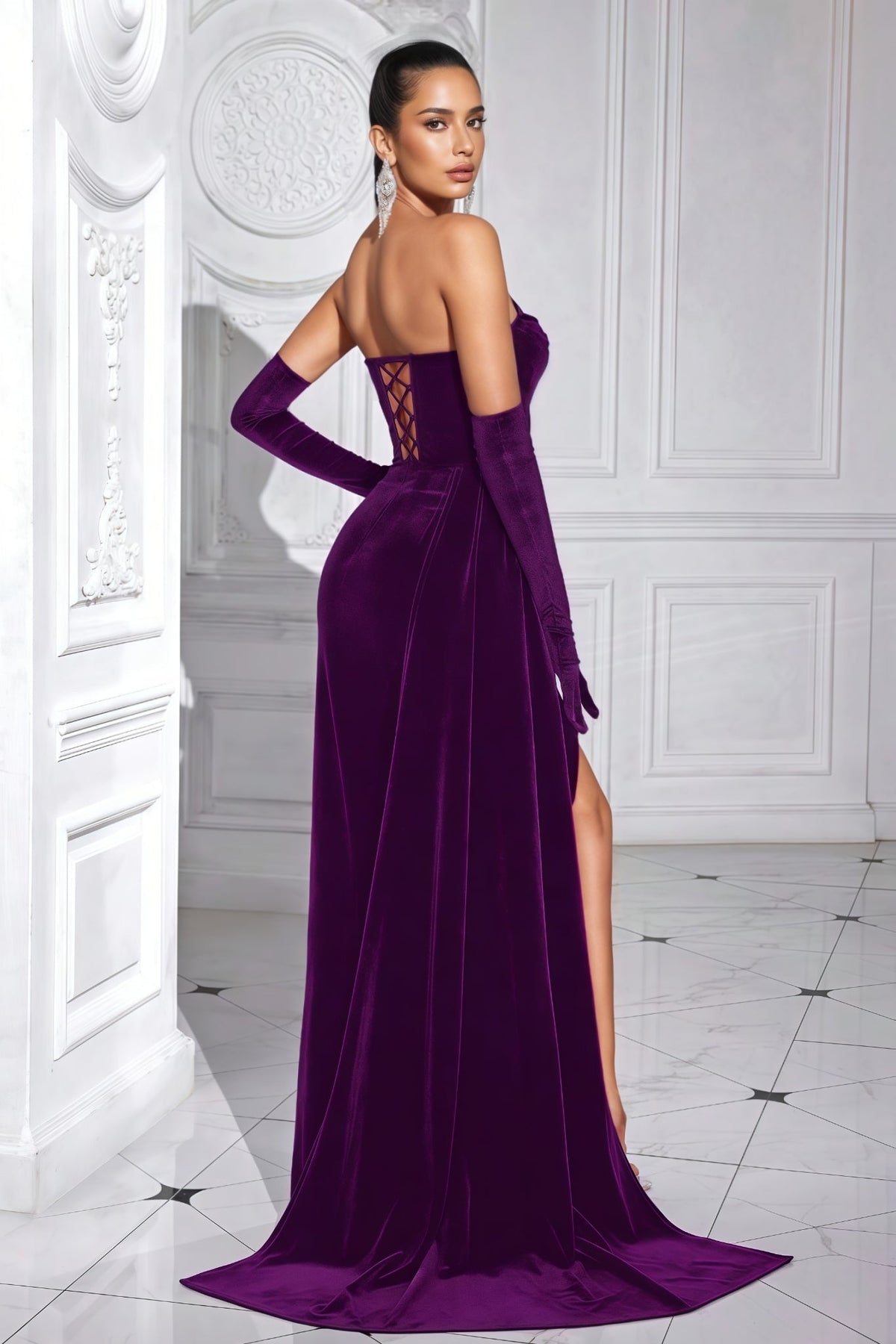 Paisley Purple Velvet Fishbone Maxi Dress