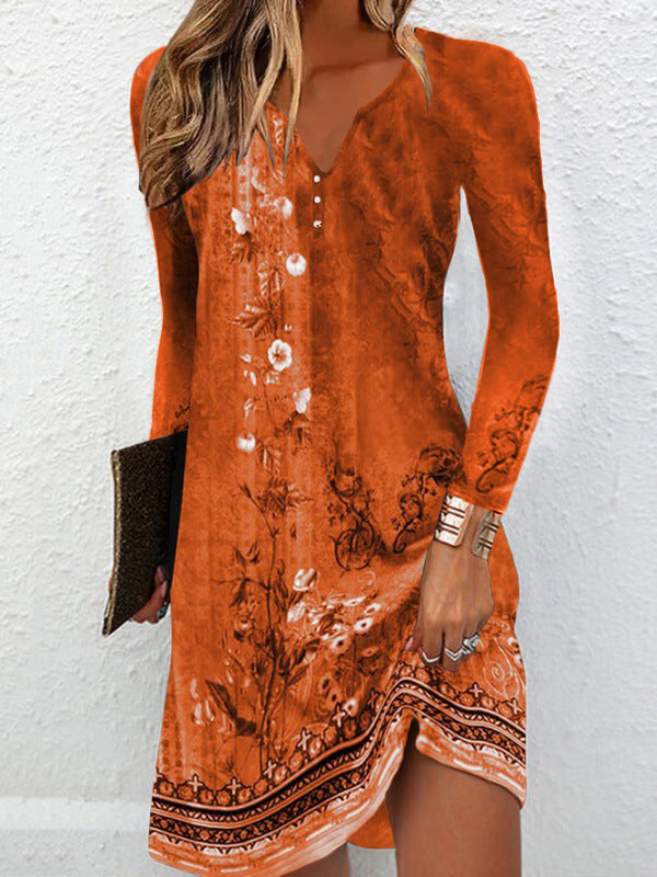 Long Sleeves Loose Printed V-neck Mini Dresses
