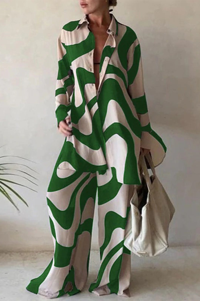 ' Lapel Printed Top+pants Loose Suit
