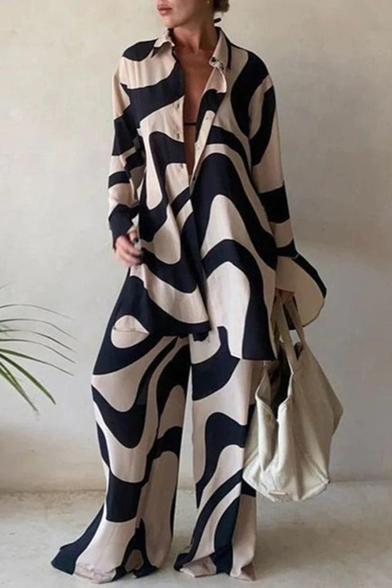 ' Lapel Printed Top+pants Loose Suit