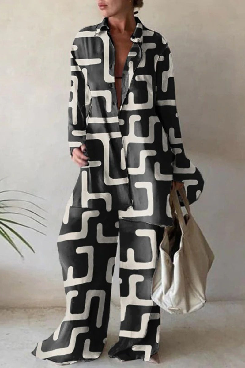 ' Lapel Printed Top+pants Loose Suit