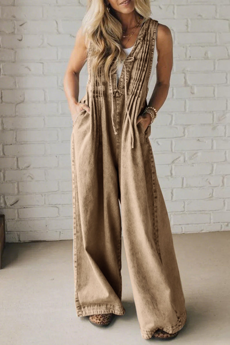 ' Shoulder Strap Hollow Splicing Pleated Jumpsuit
