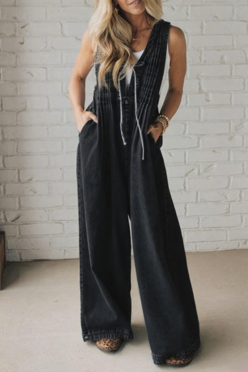 ' Shoulder Strap Hollow Splicing Pleated Jumpsuit