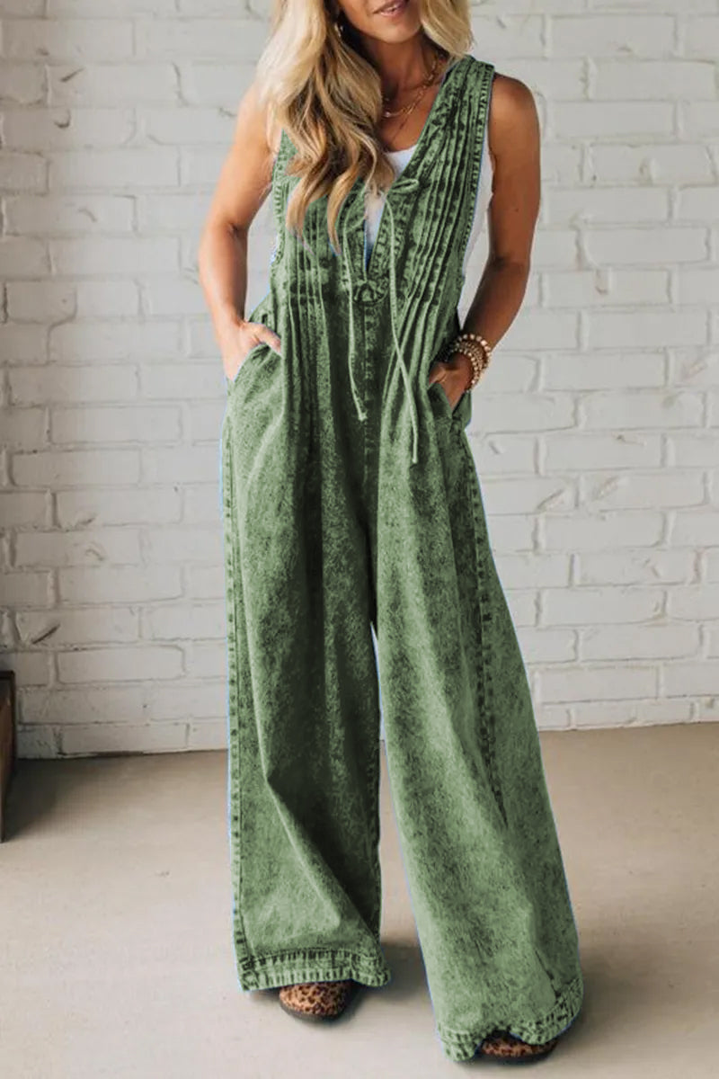 ' Shoulder Strap Hollow Splicing Pleated Jumpsuit