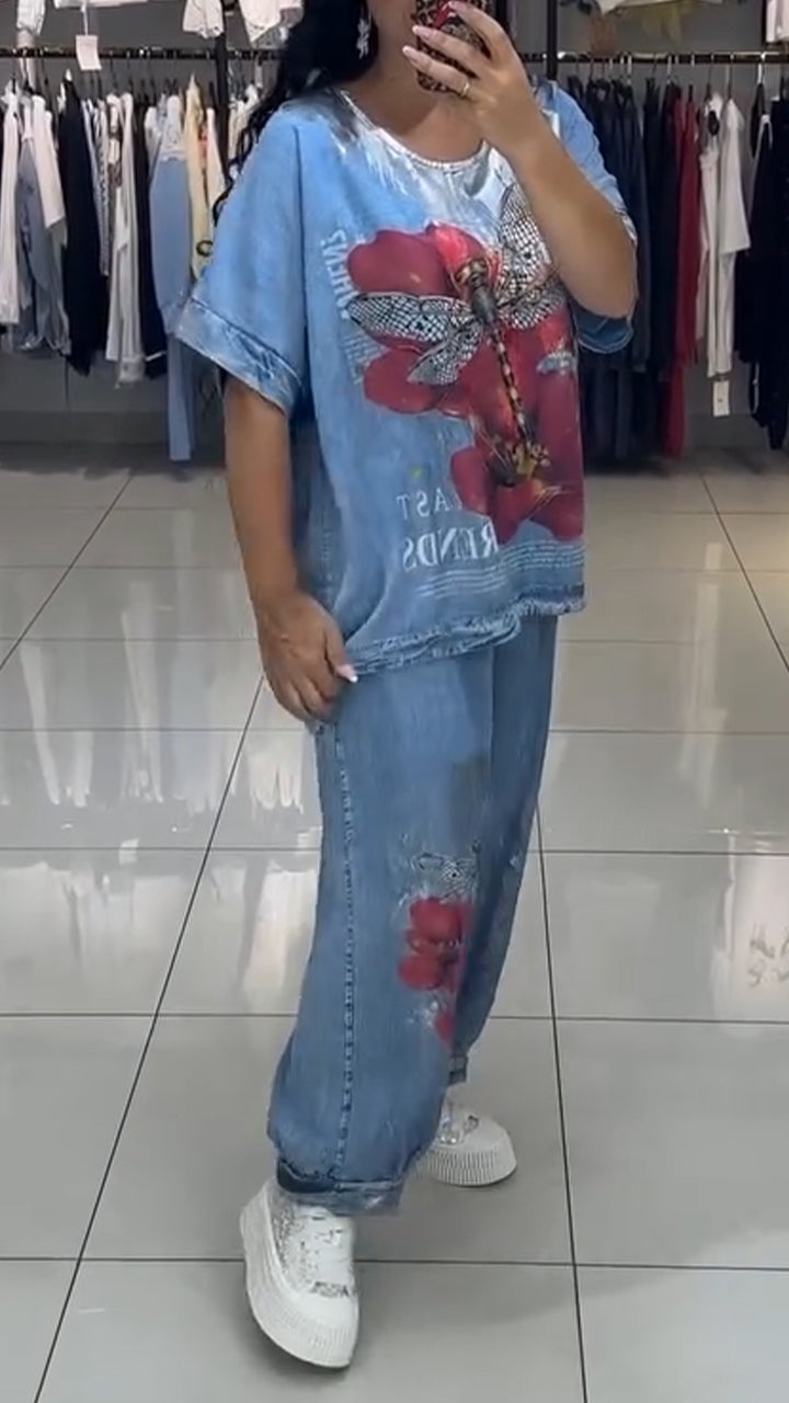 ' Round Neck Printed Top + Pants Set