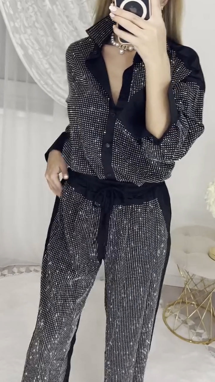 ' Collar Hot Pressed Diamond Splicing Top+ Pants Set