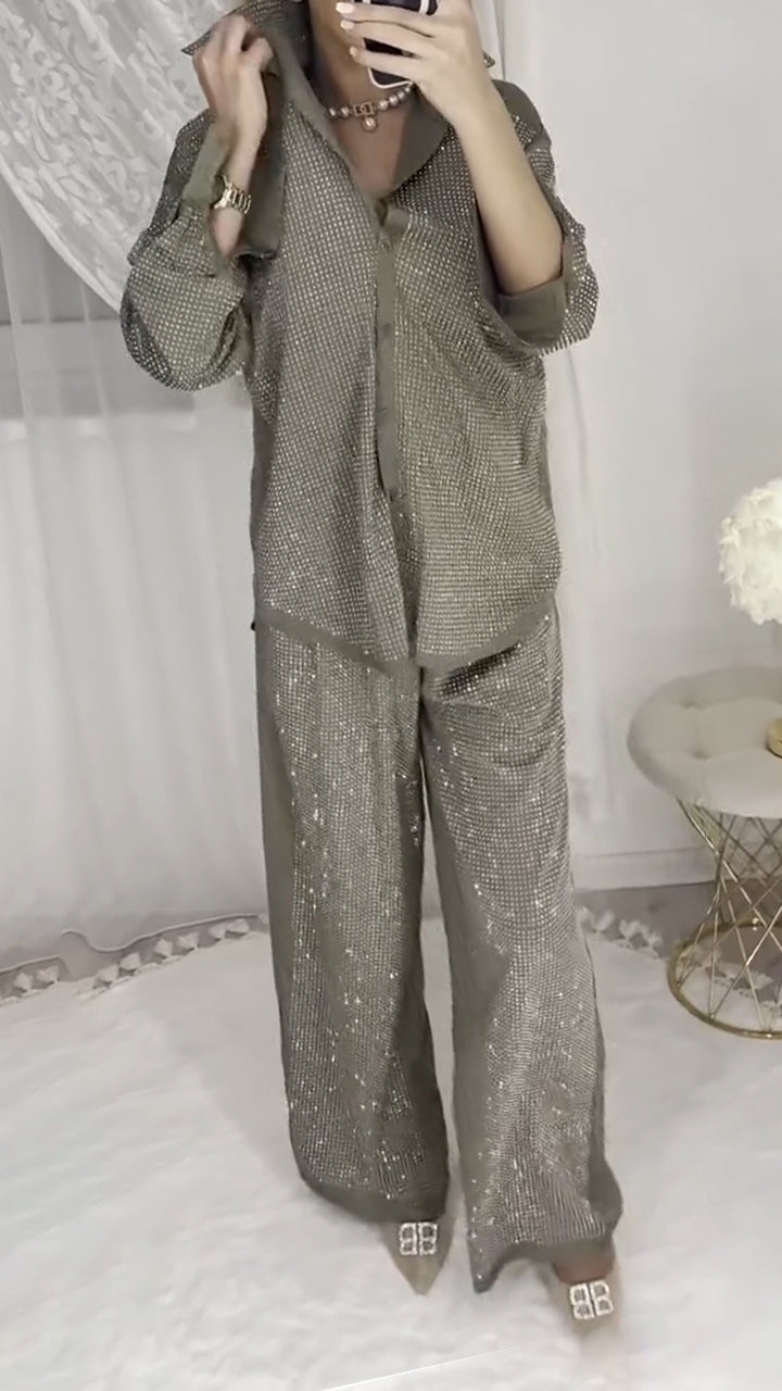 ' Collar Hot Pressed Diamond Splicing Top+ Pants Set