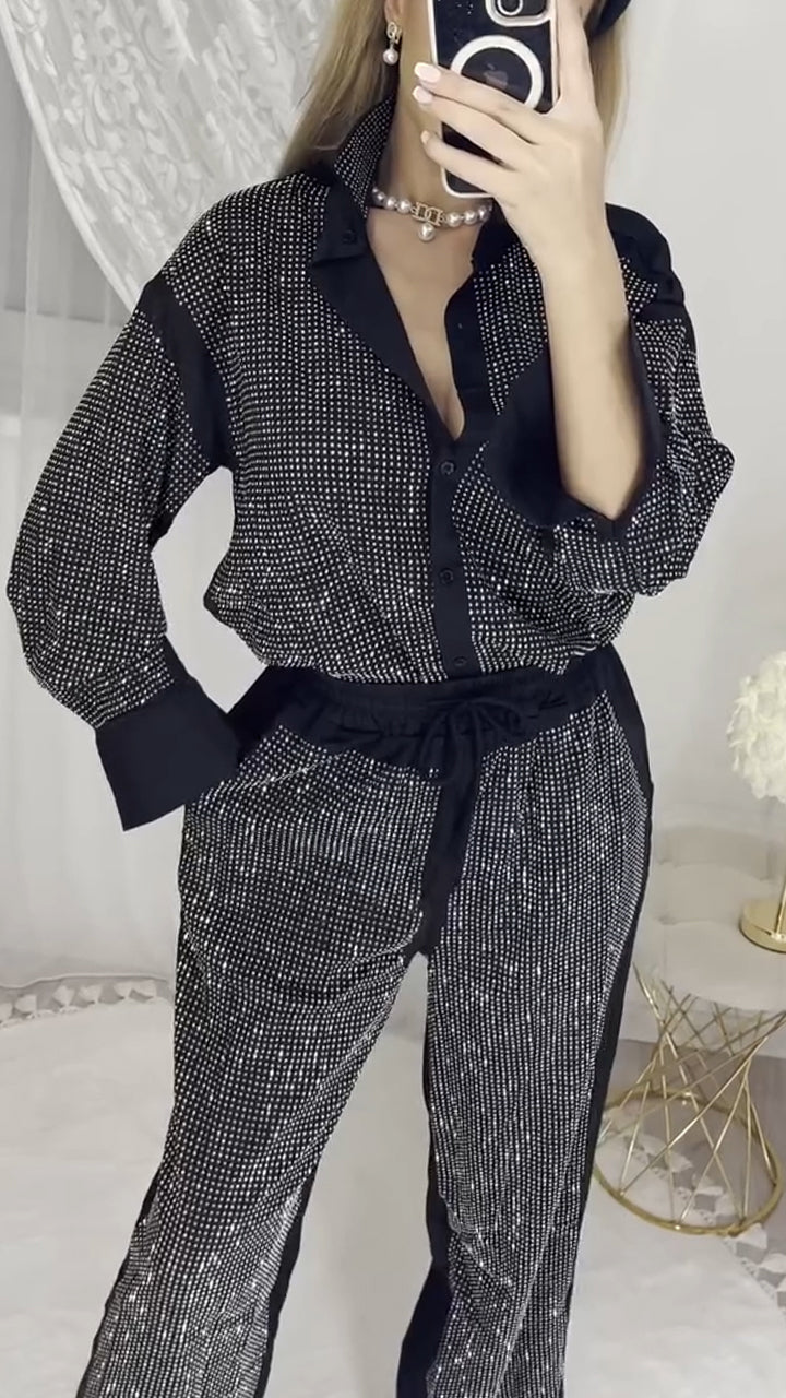' Collar Hot Pressed Diamond Splicing Top+ Pants Set