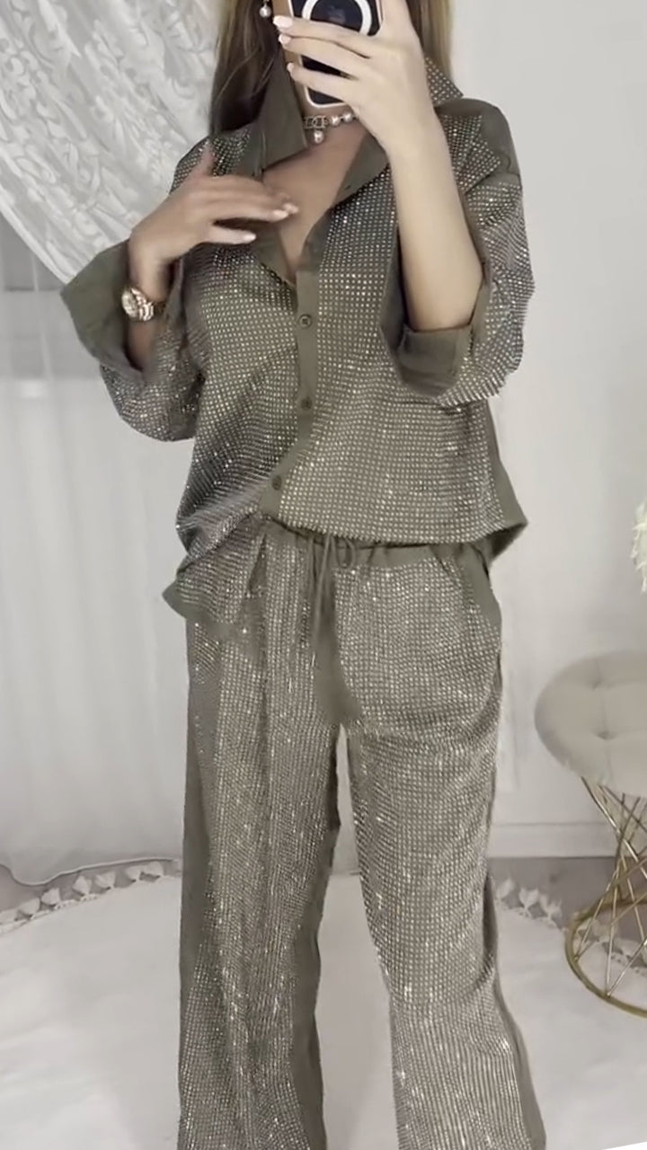 ' Collar Hot Pressed Diamond Splicing Top+ Pants Set